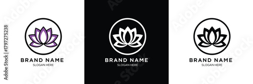 Three logo designs featuring a lotus flower with a brand name placeholder, in purple, white, and black colors.