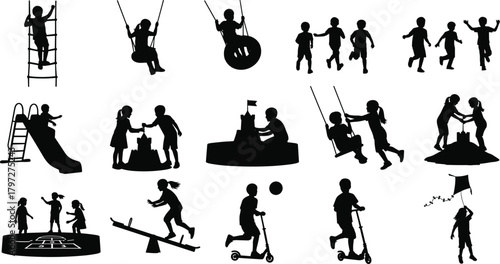 children, playground, activity, outdoor, silhouette, play, fun, swing, slide, scooter, ball, kite, seesaw, climbing, running