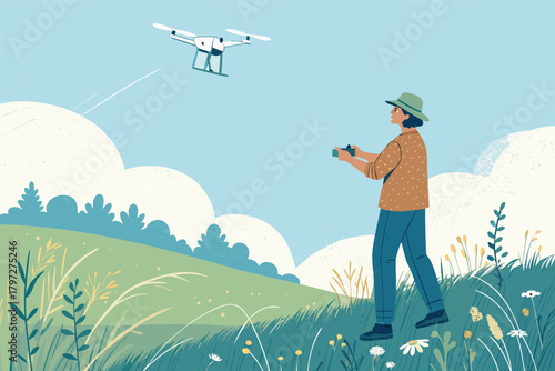 Man piloting drone over lush green countryside field, flat vector style.