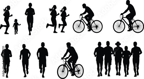 Silhouettes of people running and cycling, showcasing outdoor fitness, active lifestyle, family exercise, group training, healthy movement, and recreational sports activities.