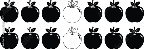 Apple silhouette vector set, black and white fruit icons, editable clipart bundle, healthy food concept, pattern recognition illustration