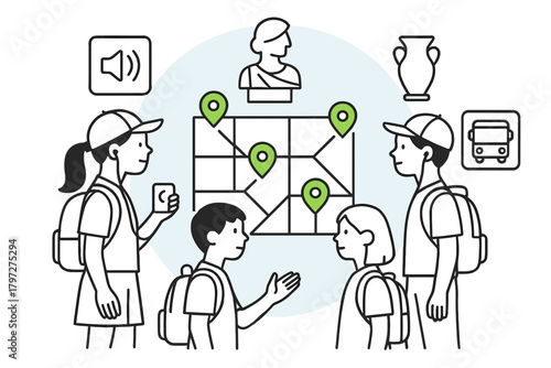 Young people exploring historical locations using a digital map and audio guide