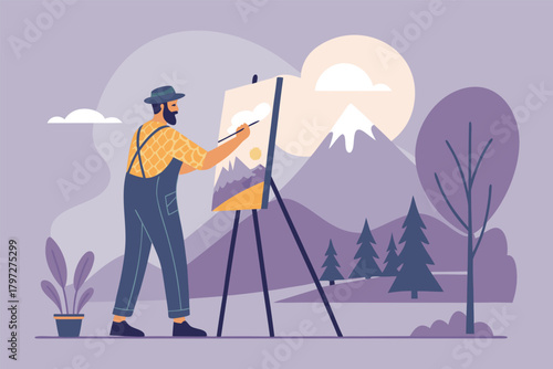 Man painting vibrant mountain landscape on easel outdoors, capturing nature's grandeur, scenic vista, artistic creation, wilderness beauty.