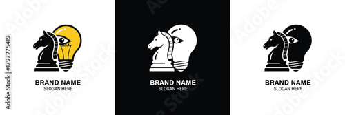 Three chess knight logos in yellow, black, and white with editable brand name placeholders, ideal for branding.
