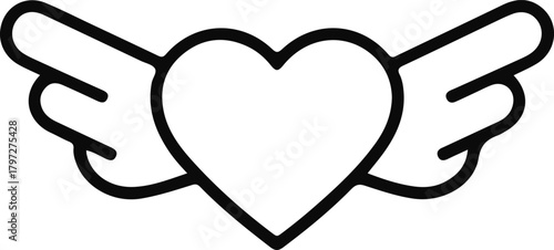 Winged heart icon symbolizing freedom and love, Clean line art of a heart with wings, representing uplifting romance, freedom, joy, fantasy, and emotionally expressive decorative designs.

