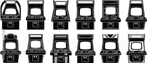 Arcade cabinet vector set, black and white retro gaming icons, joystick and screen designs, vintage game machine graphics, entertainment themed elements