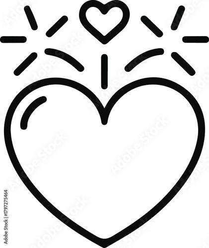 Bursting heart icon symbolizing joy and excitement, Minimal line art of a large heart with a smaller heart and radiating lines above it, representing excitement, love, happiness, and emotional celebr
