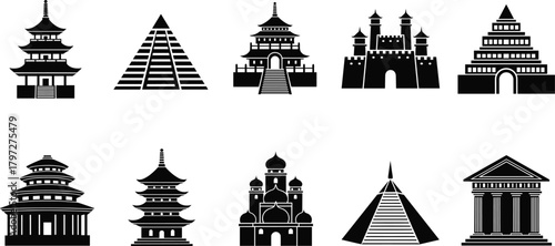 Architectural silhouette vector set, cultural building icons, historical structure designs, black clipart bundle, editable landmark collection, global architecture concept