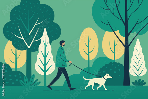 A lone man enjoys a tranquil dog walk amidst a lush, sun-dappled park brimming with mature trees and vibrant green foliage, autumn colors starting to appear.