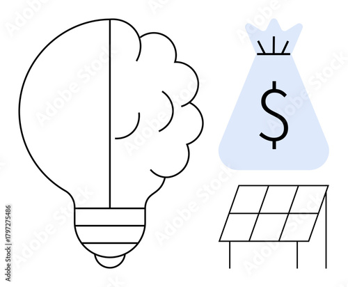 Lightbulb illustration combining a brain, solar panel, and money bag with a dollar sign representing renewable energy, innovation, and financial savings. Ideal for energy, sustainability, technology