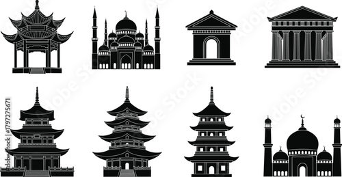 Architectural silhouette vector set, cultural building icons, religious structure designs, global heritage illustration, black and white graphic elements, temple mosque pagoda
