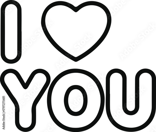 I love you text icon for romantic messages, Bold line art design displaying the phrase “I ♥ YOU,” perfect for love notes, Valentine’s greetings, romantic graphics, and heartfelt expressions.

