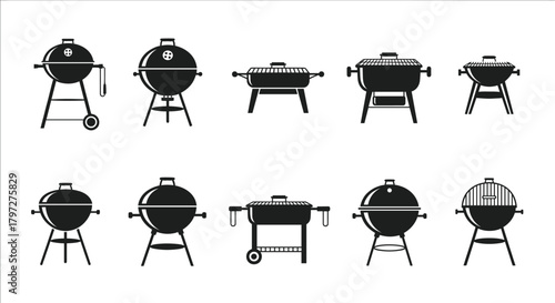 Barbecue grill silhouette vector set, outdoor cooking equipment, black BBQ icons, grilling tools collection, summer kitchen design, editable clipart bundle
