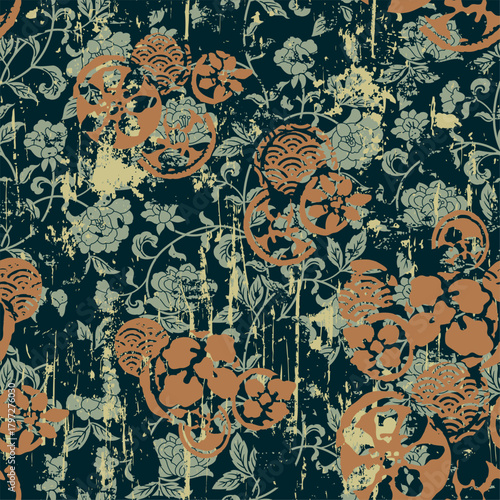 Japanese floral fabric snd traditional emblem patchwork grunge vector seamless pattern for wallpaper fabric shirt pillow wrapping cover decoration