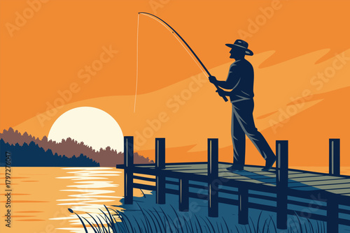 Serene man fishing from weathered wooden dock, vibrant sunset sky, tranquil water reflection, peaceful scene.