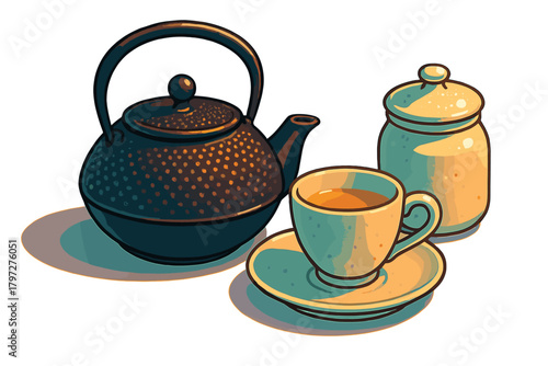 Still life of traditional cast iron teapot, ceramic teacup, saucer, and sugar container