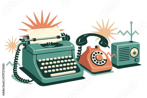 Classic typewriter, rotary telephone, and retro radio receiver set representing vintage communication
