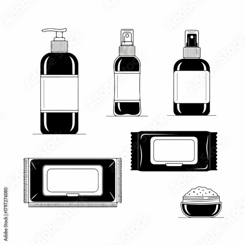 Monochrome vector icon set of hygiene and cosmetic product packaging mockups including pump bottle, spray dispensers, wet wipes, and cream jar.