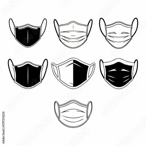 Black and white vector illustration set featuring seven different styles of protective face masks, including surgical, medical, and cloth variants.