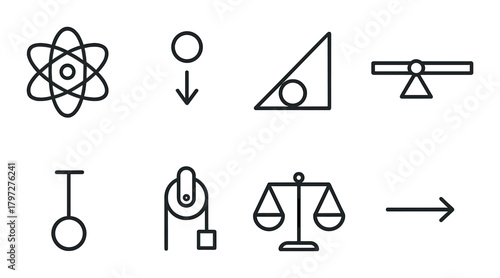 Physics symbols: atom, gravity, incline, lever, pendulum, pulley, balance, arrow