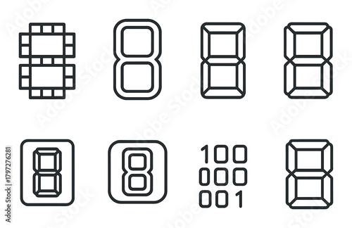 Digital number display variants on dark background