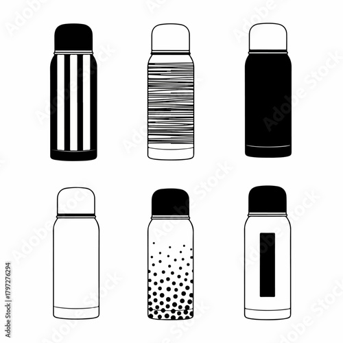 Six Minimalist Black and White Thermos Flask Icons. Insulated vacuum bottle silhouette collection with various design patterns.