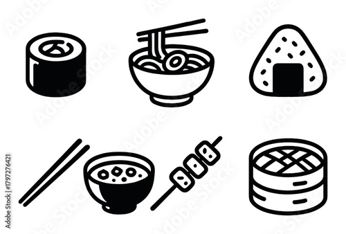 Assorted japanese cuisine icons including sushi, ramen, onigiri, and dango