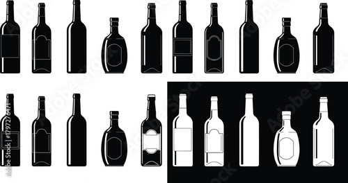 Bottle silhouette vector set, beverage container icons, black packaging shapes, liquor and wine designs, editable clipart bundle, branding concept graphic
