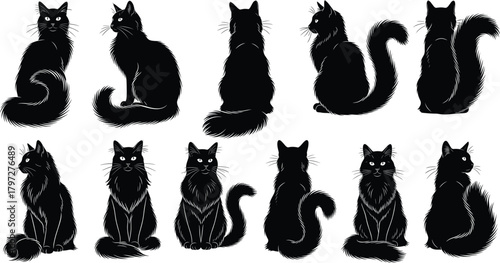 Black cat silhouette vector set, feline pose icons, spooky animal designs, editable clipart bundle, Halloween concept, mystical creature illustration