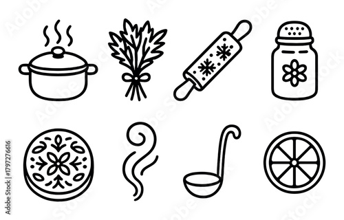 Kitchen utensil icons: pot, herbs, rolling pin, salt shaker, bread, steam, ladle, citrus slice