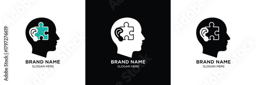 Three unique logos featuring puzzle, headphone, and gear icons inside head silhouettes, symbolizing innovation and creativity.