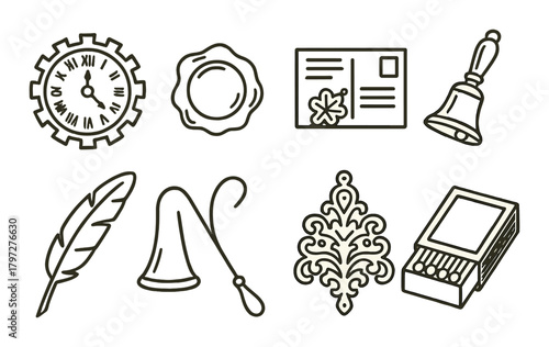 Antique icons: clock, seal, postcard, bell, quill, horn, ornament, matches