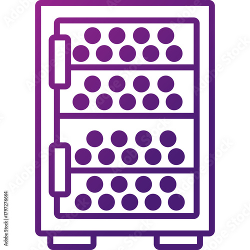 Modern wine cooler cabinet with purple gradient featuring multiple shelves and clear doors for beverage storage