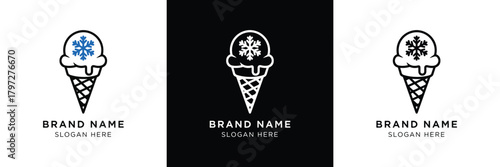 Three minimalist ice cream logos featuring snowflake designs and brand name placeholder text in monochrome color scheme.