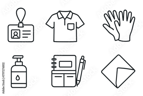 Icons of id, polo shirt, gloves, hand sanitizer, notebook, pen, napkin on black background