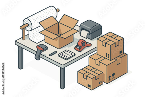 E-commerce shipping and packing station setup with boxes, scanner, printer, and wrapping materials