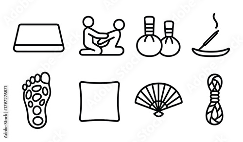 Minimalistic icons of yoga, massage, aromatherapy, relaxation, and wellness