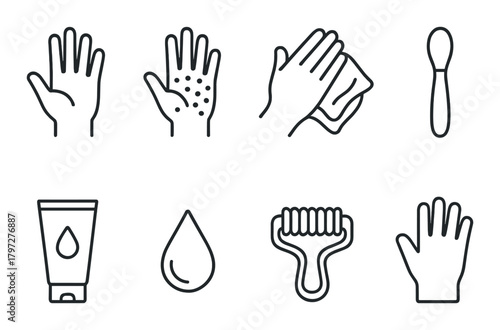 Handcare icons: lotion, cleaning, hygiene tools