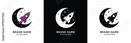 Three unique brand logos featuring rockets and moons in black, pink, and white designs, ideal for modern branding needs.