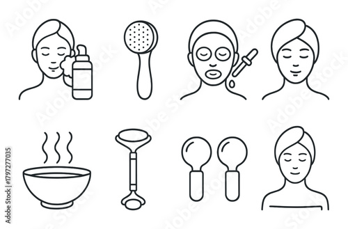 Skincare routine icons: facial masks, tools, and relaxation elements