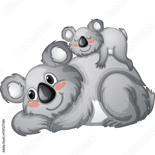 Mother koala with joey on back resting peacefully cartoon illustration with soft pink cheeks and closed eyes on transparent background