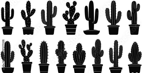 Cactus silhouette vector set, black potted plant icons, desert botanical designs, editable clipart bundle, succulent concept, nature illustration reference