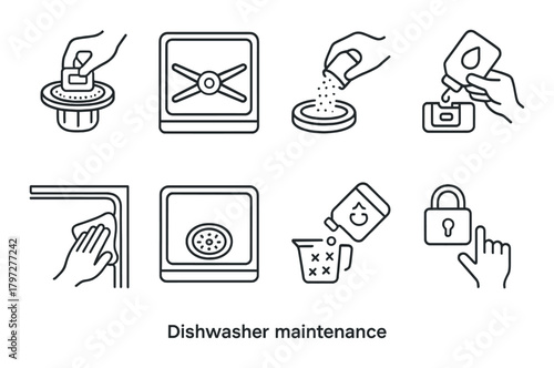Dishwasher maintenance icons illustrate cleaning, filter care, softener use, and safety lock