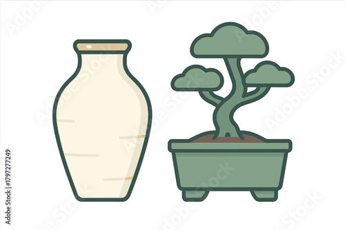 Classic Japanese bonsai tree in a green pot next to a white ceramic vase