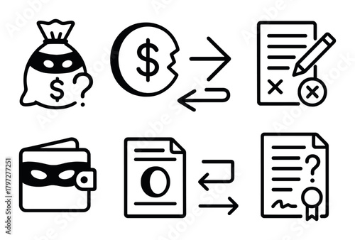 Financial fraud icons collection with money, contract, and scamming symbols