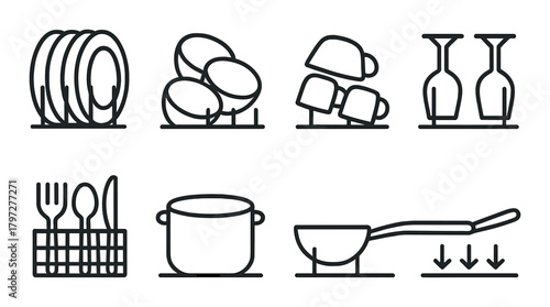 Minimalist kitchen icons of dishware and cookware on dark background