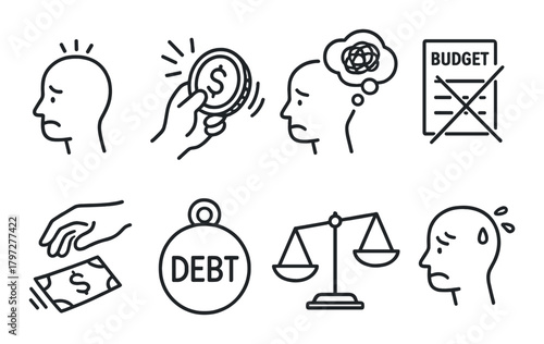 Financial stress icons: budgeting, debt, and money management concepts
