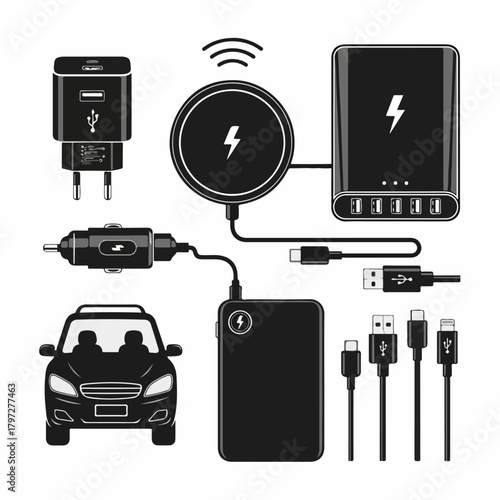 Vector illustration of universal charging devices: power banks, wall and car adapters, wireless pads, and assorted USB cables for portable electronics.