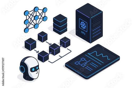 Isometric setup of deep learning technology featuring neural network, robot head, and GPU server