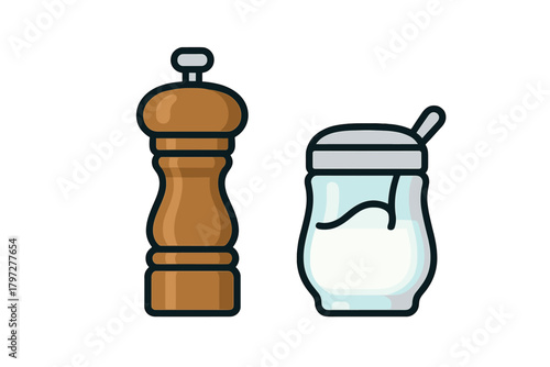 Tall wooden pepper mill and clear glass sugar dispenser seasoning set